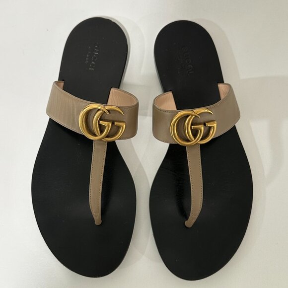 Gucci Marmont Taupe Thong Sandals Flats Size 38.5 - Picture 1 of 12